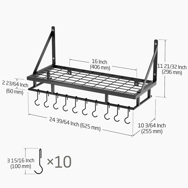 24 Inch Kitchen Pot Rack Wall Mounted Rust Resistant Hanging Rack With 10pcs Hooks