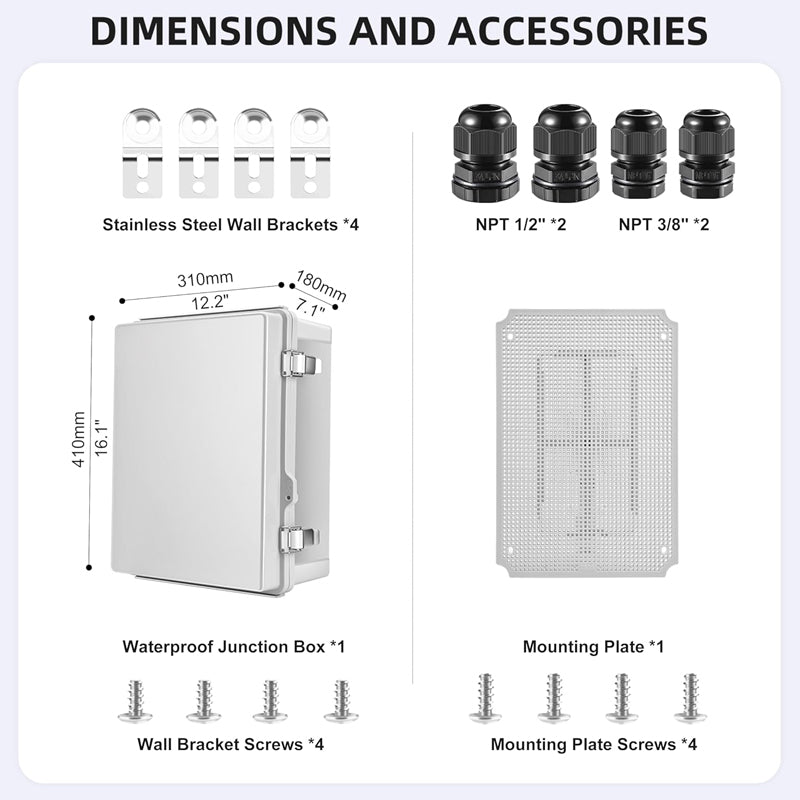 16.1" x 12.2" x 7.1" ABS Plastic Electrical Enclosure Outdoor Waterproof Junction Box IP67 Dustproof
