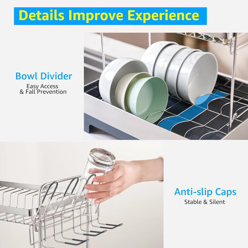 2-Tier Dish Drying Rack 304 Stainless Steel Kitchen Drying Rack Multifunctional Dish Drainer