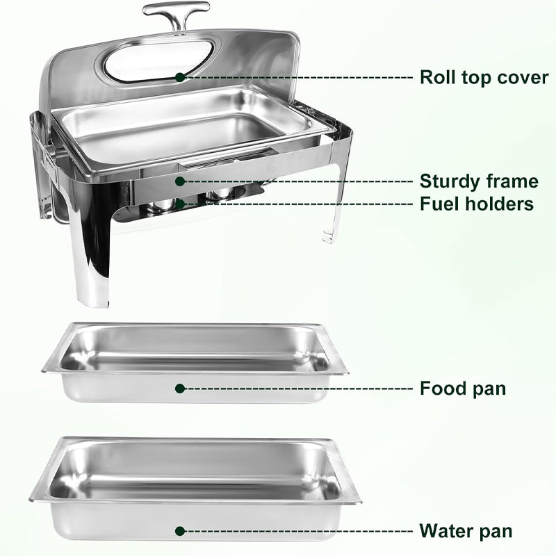 9QT Stainless Steel Roll Top Chafing Dish Buffet Set with Visible Window Chafers and Buffet Warmer