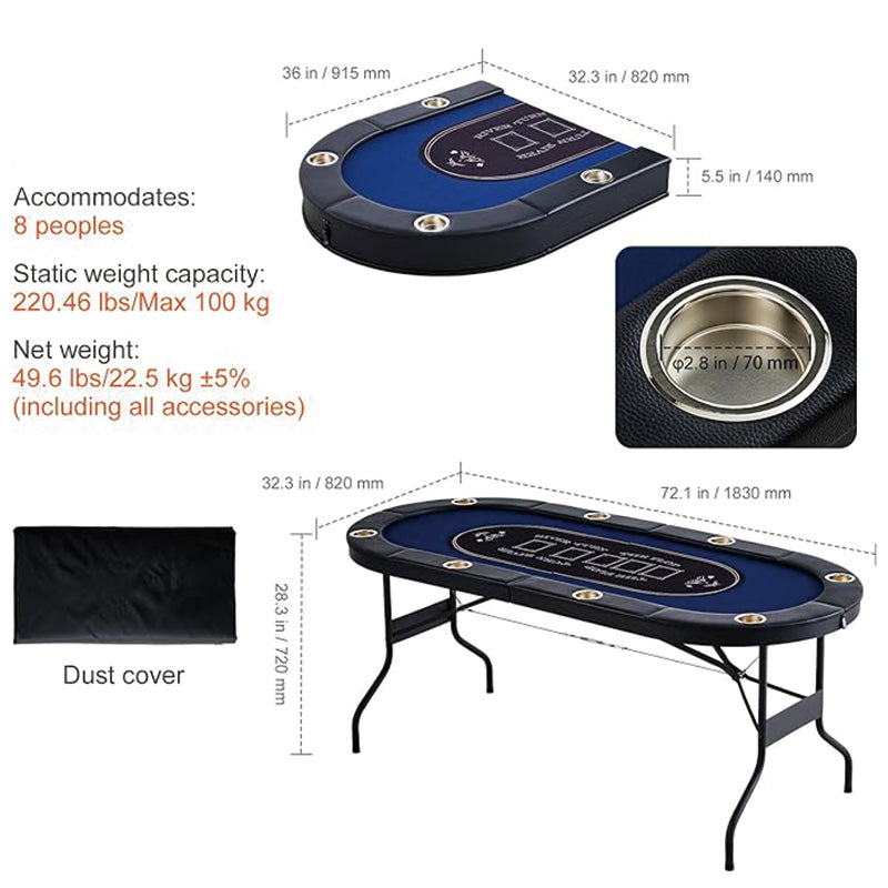 Foldable Poker Table for 8 Player, Blackjack Texas Holdem Table with Padded Rails and Stainless Steel Cup Holders, Portable Folding Card Board Game Table, 72" Oval Casino Leisure Table, Blue