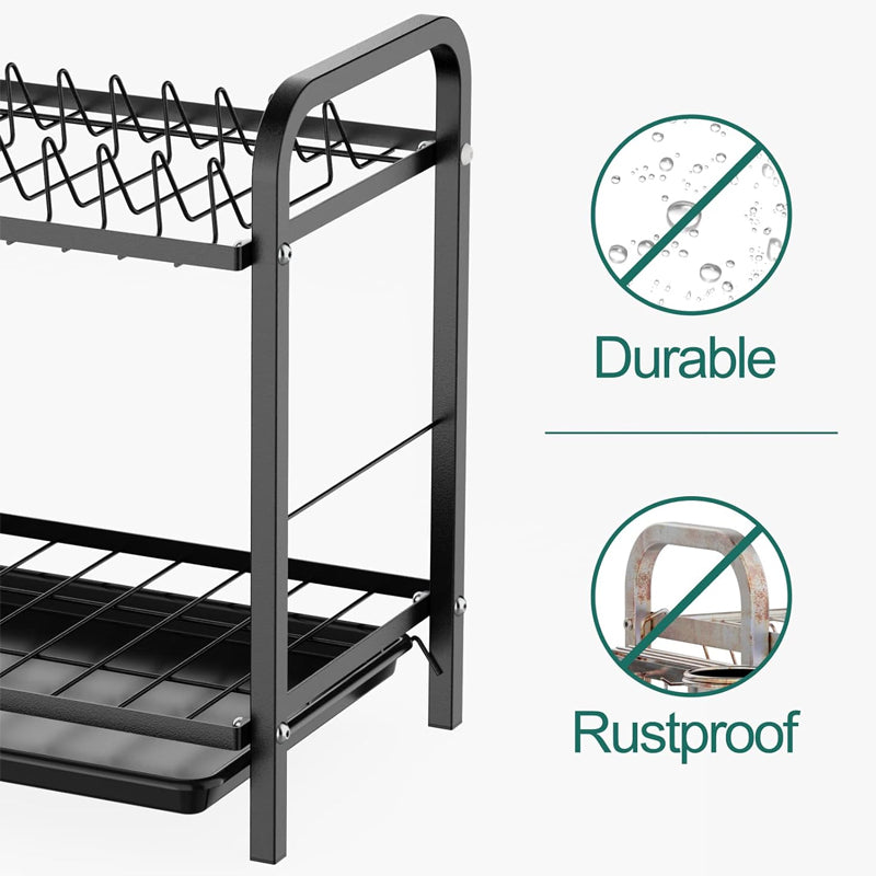 Dish Drying Rack 2 Tier Rust-Resistant Dish Drainer with Utensil Holder and Cutting Board Holder