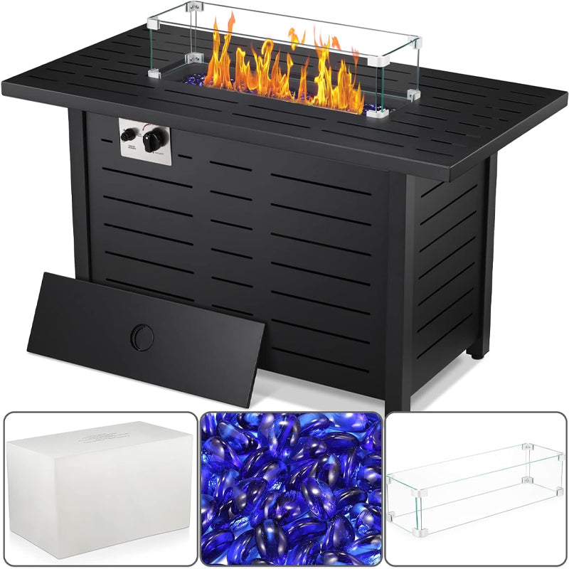 43" Gas Fire Pit Table Outdoor Fire Pit Rectangular Tabletop with Lid Rain Cover Tempered Glass Wind Guard