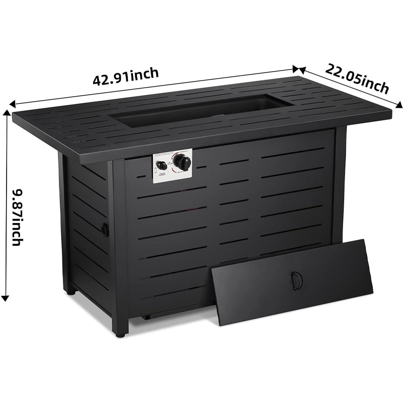 43" Gas Fire Pit Table Outdoor Fire Pit Rectangular Tabletop with Lid Rain Cover Tempered Glass Wind Guard