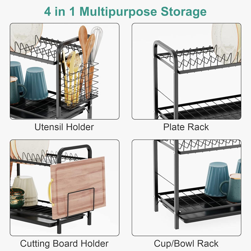 Dish Drying Rack 2 Tier Rust-Resistant Dish Drainer with Utensil Holder and Cutting Board Holder