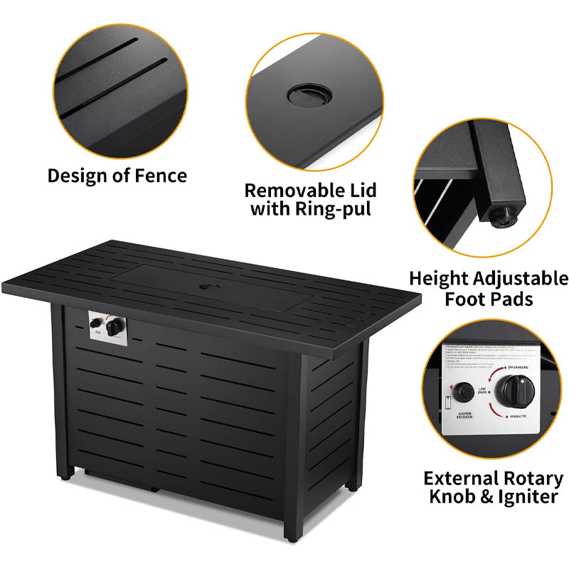 43" Gas Fire Pit Table Outdoor Fire Pit Rectangular Tabletop with Lid Rain Cover Tempered Glass Wind Guard