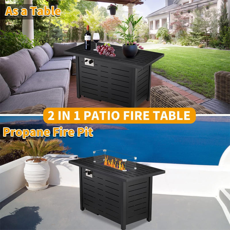 43" Gas Fire Pit Table Outdoor Fire Pit Rectangular Tabletop with Lid Rain Cover Tempered Glass Wind Guard