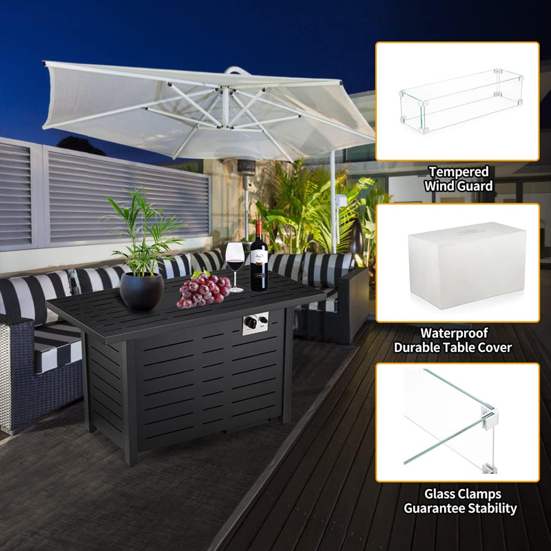 43" Gas Fire Pit Table Outdoor Fire Pit Rectangular Tabletop with Lid Rain Cover Tempered Glass Wind Guard
