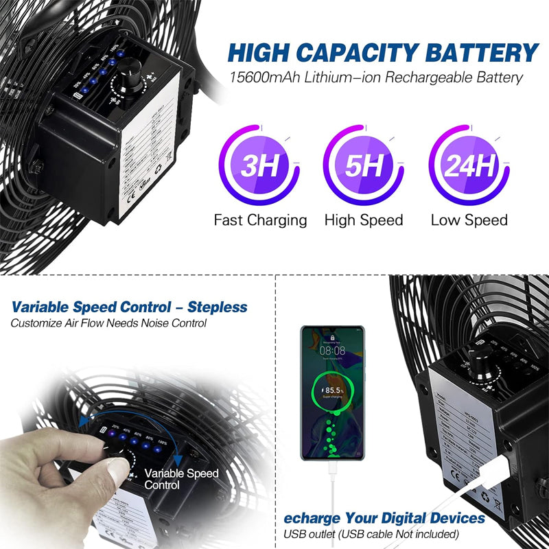 16 Inch Cordless Fan Rechargeable Battery Operated Floor Fan 15600mAh High Velocity Cordless Fan
