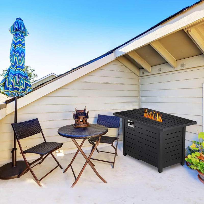 43" Gas Fire Pit Table Outdoor Fire Pit Rectangular Tabletop with Lid Rain Cover Tempered Glass Wind Guard