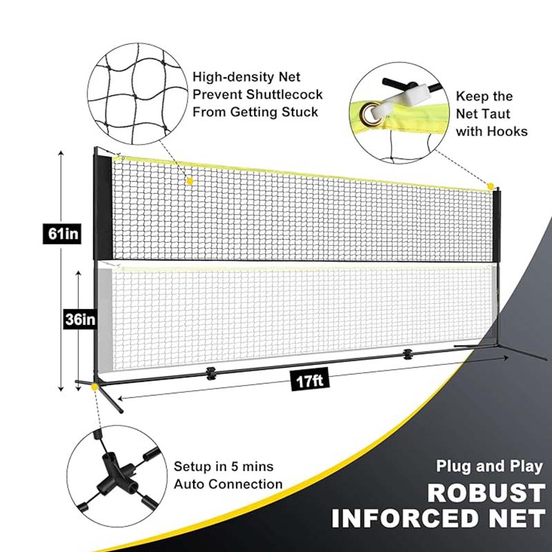 Badminton Net Set, 17FT Adjustable Heights All-in-One Net w/4 Paddles 4 Badminton Rackets, Freestanding Pickleball Badminton Net for Backyard Family Sports