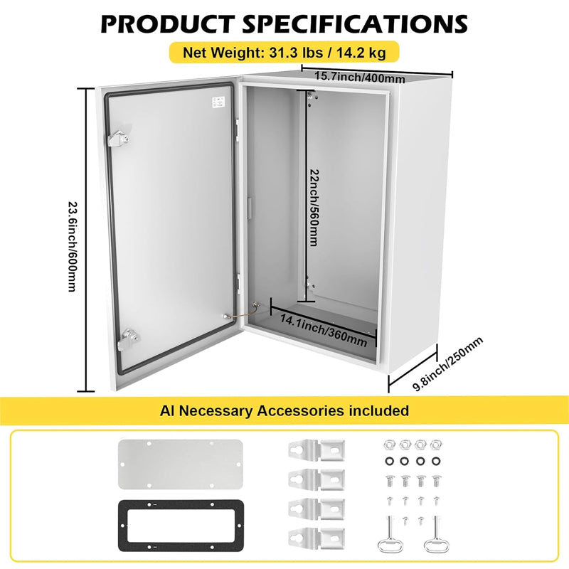 24" x 16" x 10" Steel Electrical Enclosure IP66 Waterproof Electrical Junction Box with Mounting Plate