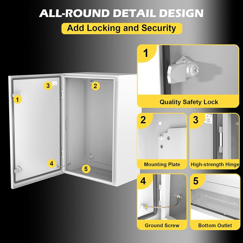 24" x 16" x 10" Steel Electrical Enclosure IP66 Waterproof Electrical Junction Box with Mounting Plate