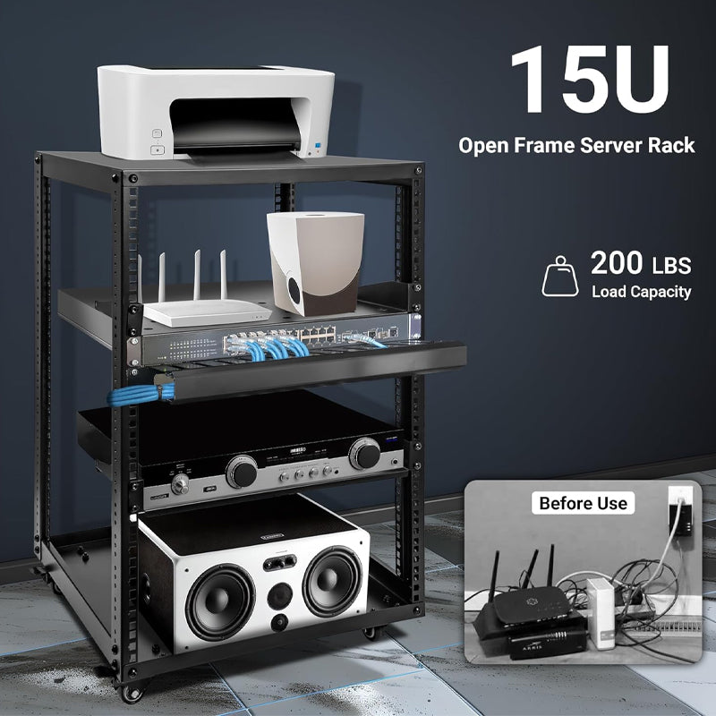15U Server Rack Open Frame Network Server Rack AV Rack with Casters and Rack Shelves