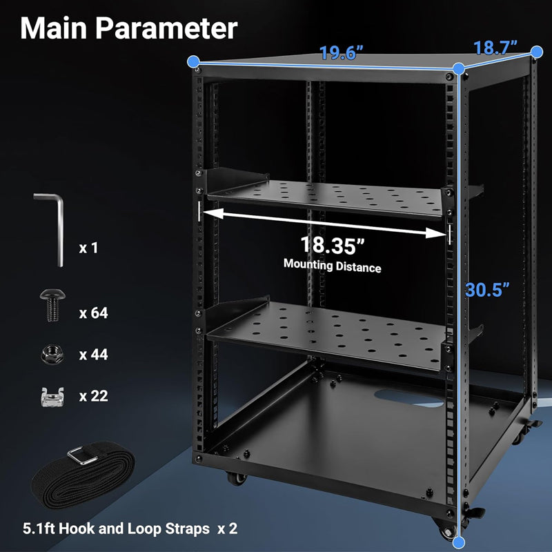 15U Server Rack Open Frame Network Server Rack AV Rack with Casters and Rack Shelves