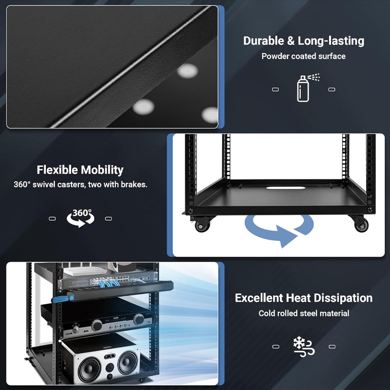15U Server Rack Open Frame Network Server Rack AV Rack with Casters and Rack Shelves
