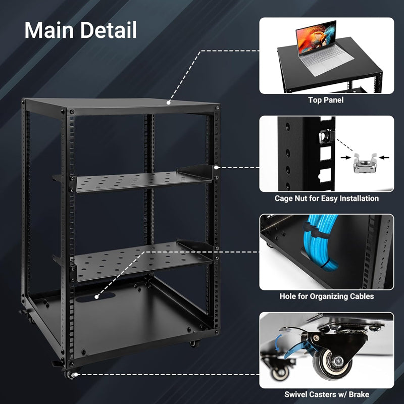 15U Server Rack Open Frame Network Server Rack AV Rack with Casters and Rack Shelves