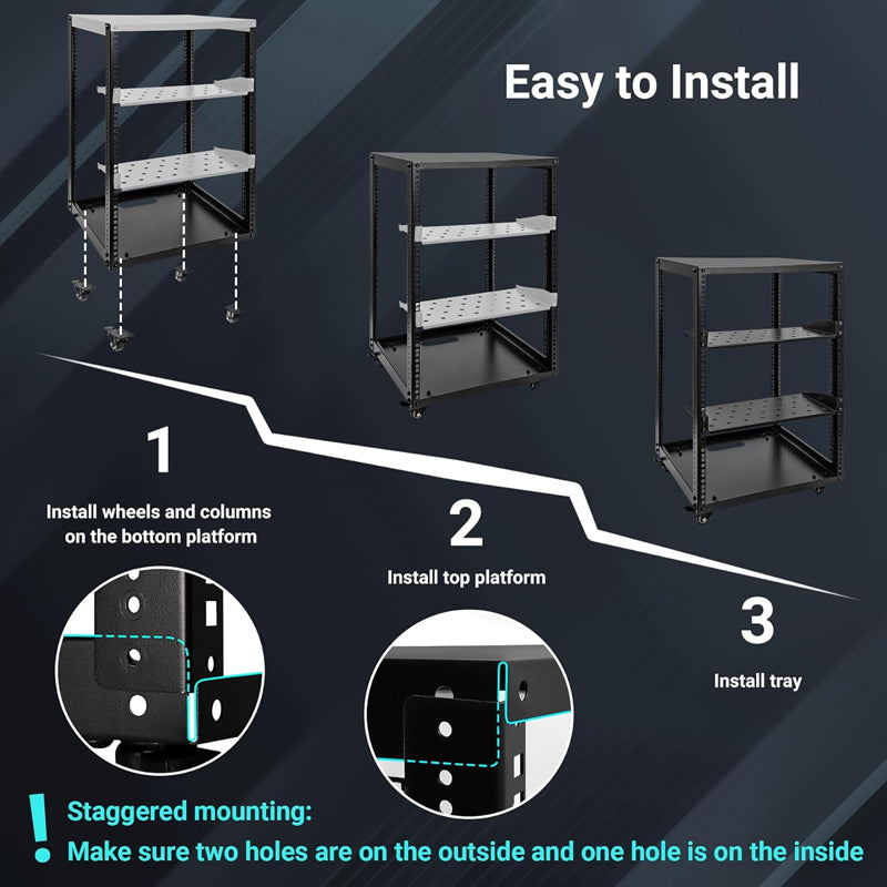 15U Server Rack Open Frame Network Server Rack AV Rack with Casters and Rack Shelves