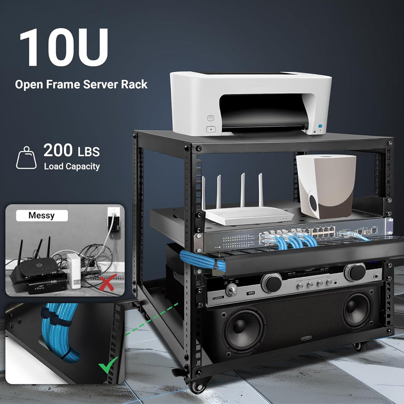 10U Open Frame Server Rack with Swivel Casters AV Rack for Stereo / Computer / Data / IT Equipment