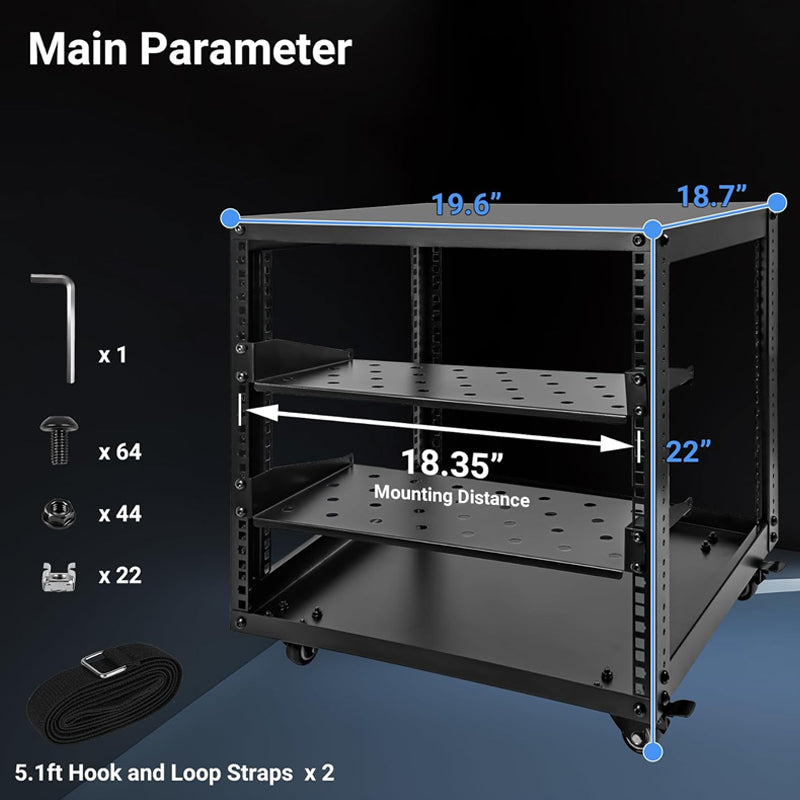 10U Open Frame Server Rack with Swivel Casters AV Rack for Stereo / Computer / Data / IT Equipment