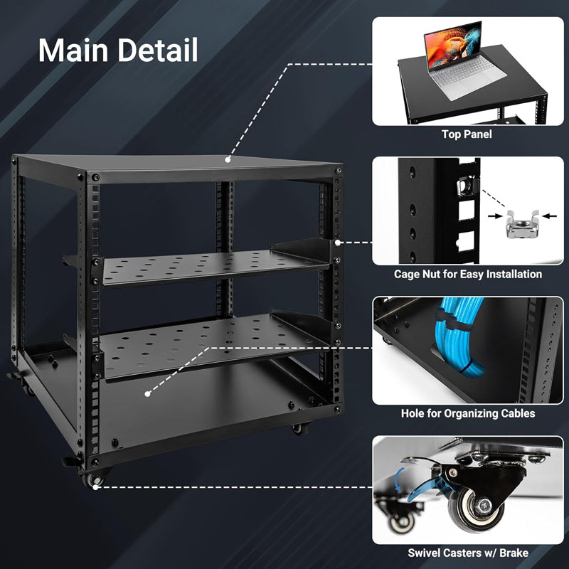 10U Open Frame Server Rack with Swivel Casters AV Rack for Stereo / Computer / Data / IT Equipment
