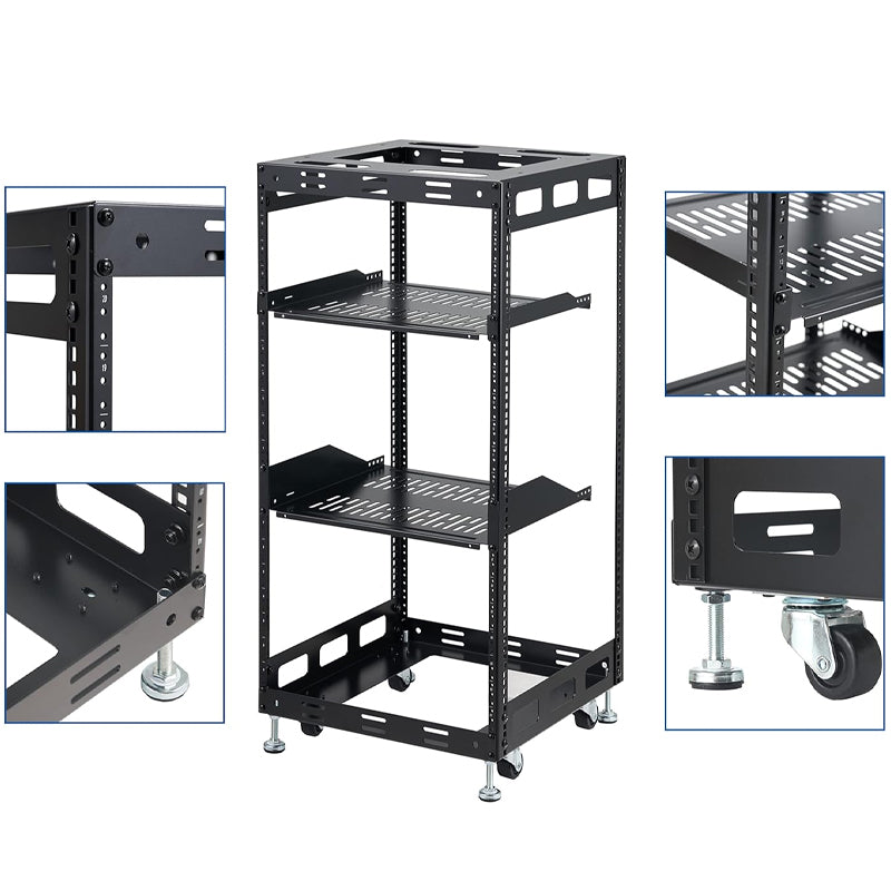 20U Open Frame Rack for Servers Wall Mountable Server Rack AV Rack with Leveling Feet and Casters