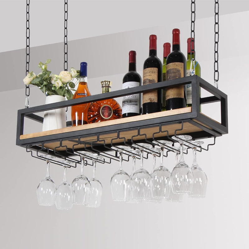39in Ceiling Mounted Wine Rack with Glass Holder and Shelf Industrial Hanging Wine Rack