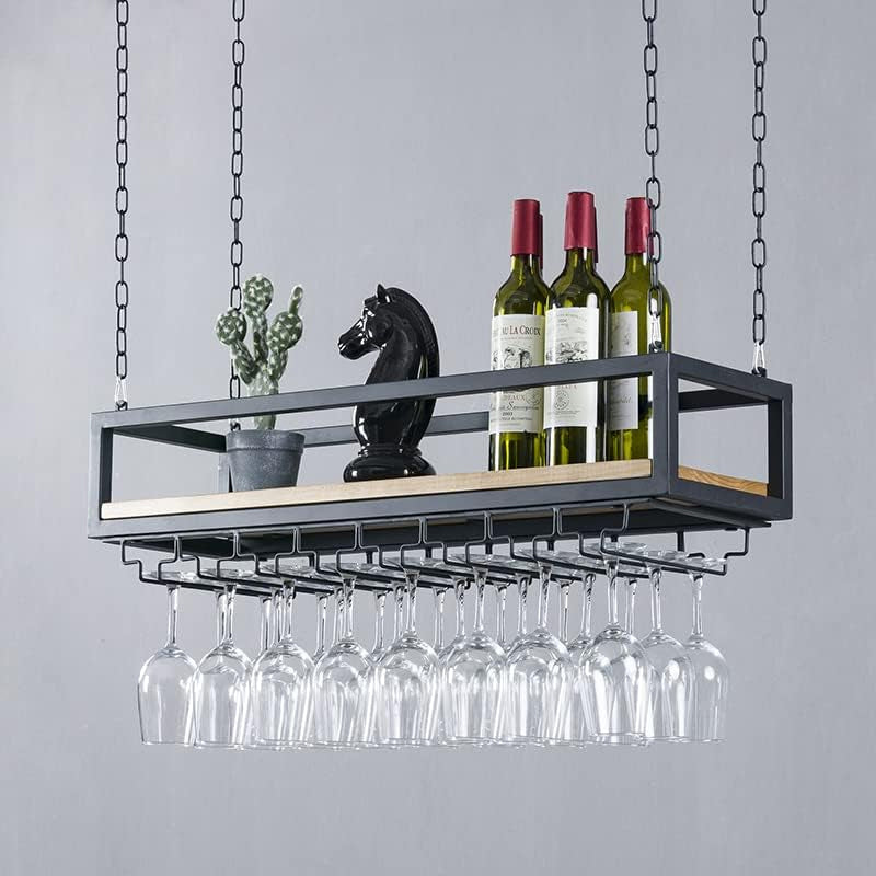 39in Ceiling Mounted Wine Rack with Glass Holder and Shelf Industrial Hanging Wine Rack