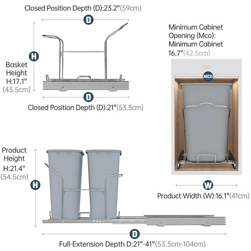 2 x 35L Pull-Out Trash Can Heavy Duty Double Trash Can Cabinet Pull Out for Kitchen Cabinet Sink