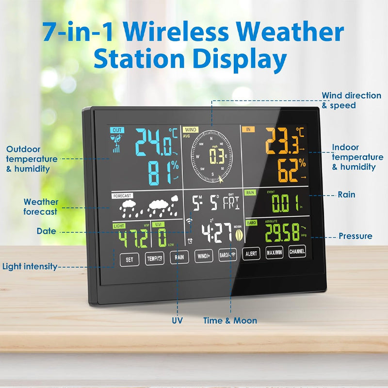 Wireless Weather Station 7-in-1 Weather Station 7.5 inch Large Color Display Home Weather Station