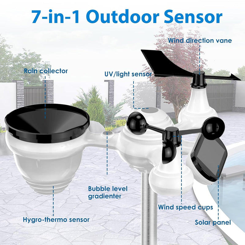 Wireless Weather Station 7-in-1 Weather Station 7.5 inch Large Color Display Home Weather Station