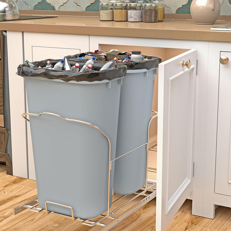 2 x 35L Pull-Out Trash Can Heavy Duty Double Trash Can Cabinet Pull Out for Kitchen Cabinet Sink