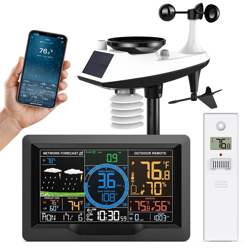 Wi-Fi Weather Station 7-in-1 Wireless Weather Station Indoor/Outdoor Weather Station with Solar Wireless Sensor