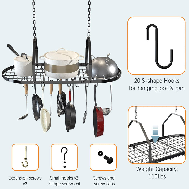 36 inch Ceiling Pot and Pan Rack Hanging Pot Rack with 20pcs Removable Hooks for Home Restaurant Kitchen