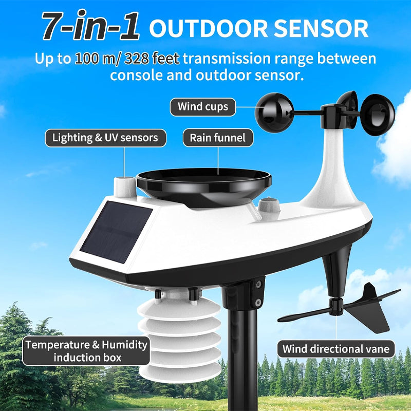 Wi-Fi Weather Station 7-in-1 Wireless Weather Station Indoor/Outdoor Weather Station with Solar Wireless Sensor