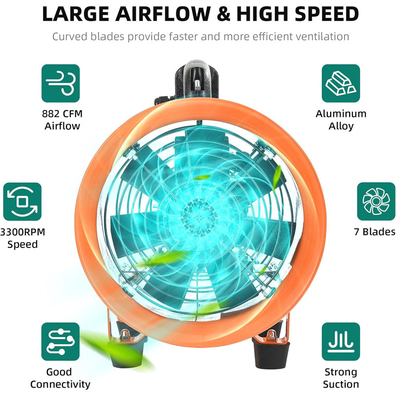 8 Inch Portable Ventilator Industrial Exhaust Fan with 16FT Ventilator Duct Hose Utility Blower