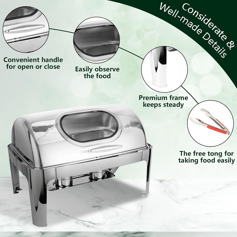 9QT Stainless Steel Roll Top Chafing Dish Buffet Set with Visible Window Chafers and Buffet Warmer