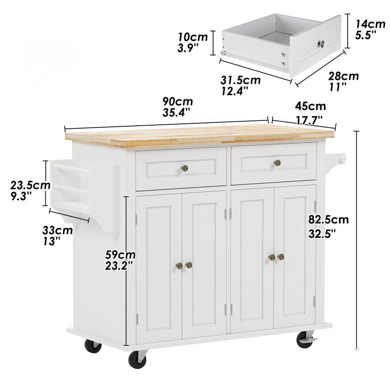 Movable Kitchen Island Cart With Solid Wood Countertops, With Storage Cabinets, Rolling Kitchen Table With Spice Rack, Towel Rack And Drawers
