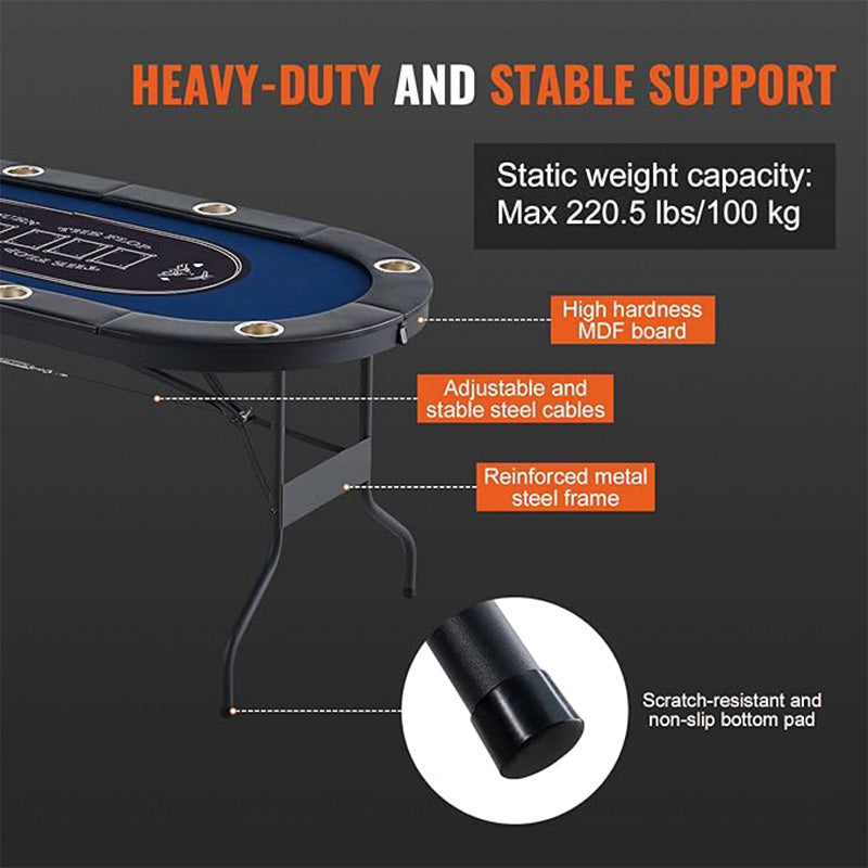 Foldable Poker Table for 8 Player, Blackjack Texas Holdem Table with Padded Rails and Stainless Steel Cup Holders, Portable Folding Card Board Game Table, 72" Oval Casino Leisure Table, Blue