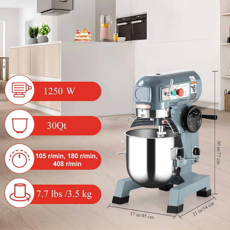 30QT Commercial Food Mixer 1250W with 3 Speeds Adjustable Stainless Steel Bowl Dough Hooks Whisk Beater