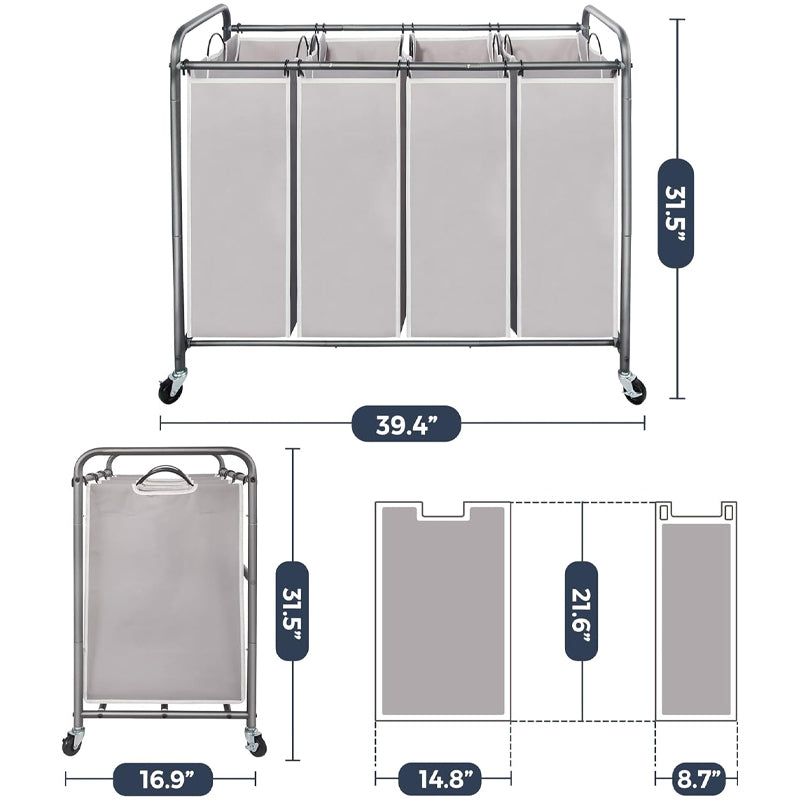 4 Section Laundry Sorter Cart Rolling Laundry Cart for Clothes Storage with Lockable Wheels