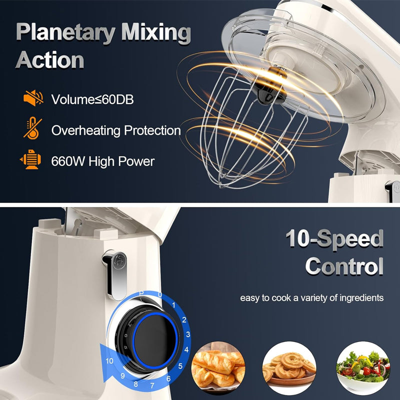 6.5QT Stand Mixer 660W 10-Speed Tilt-Head Electric Stand Mixer Stainless Steel Bowl