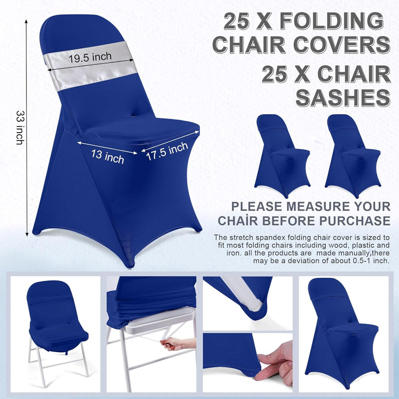 Folding Chair Cover Set 25 Stretch Spandex Slipcovers + 25 Chair Bows for Wedding Event Party
