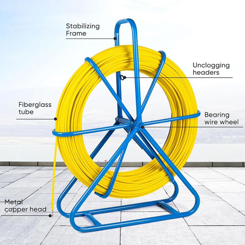6MM(1/4 inch) 426FT Fiberglass Fish Tape Duct Rodder Fish Tape Wire Puller with Cage and Wheel Stand