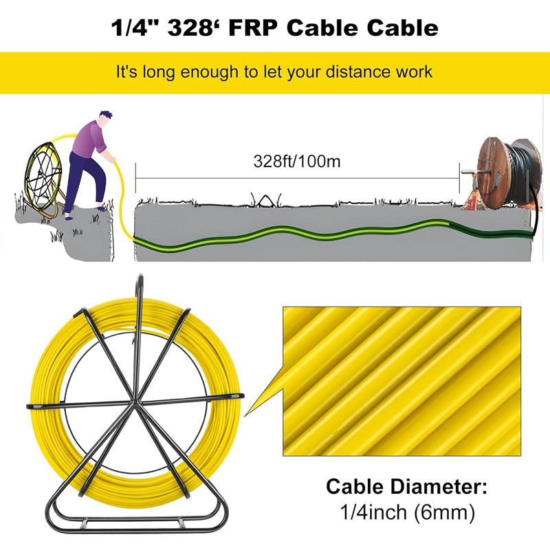 Fiberglass 6MM 328FT Fish Tape Duct Rodder Fish Tape Puller Durable Steel Reel Stand
