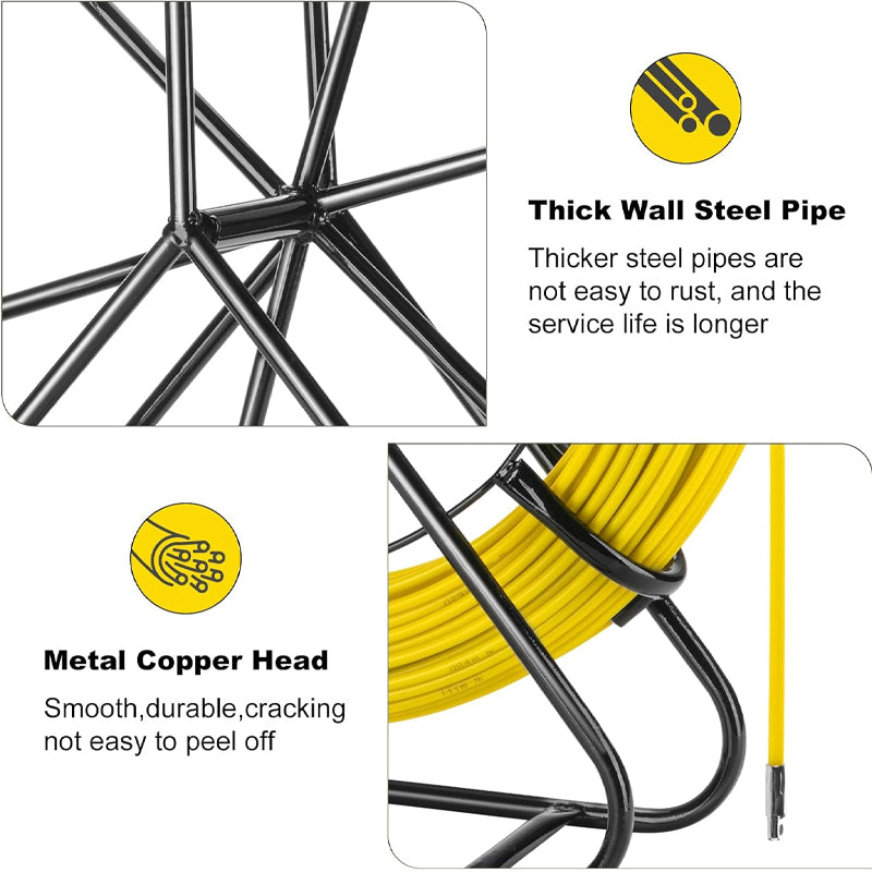 Fiberglass 6MM 328FT Fish Tape Duct Rodder Fish Tape Puller Durable Steel Reel Stand
