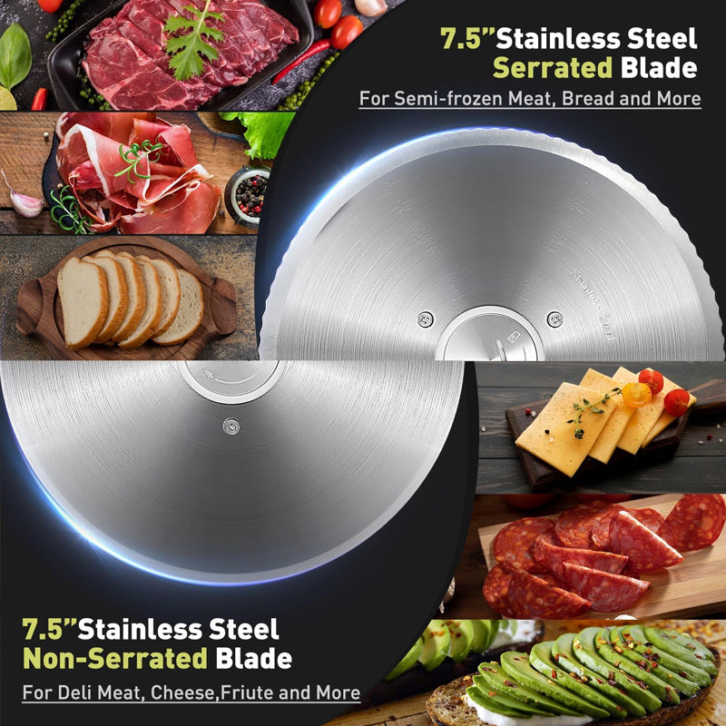 Electric Meat Slicer with Two 7.5" Stainless Steel Blades Adjustable Thickness Deli Food Slicer