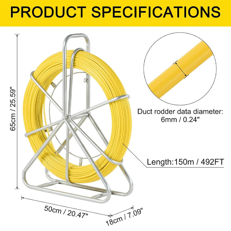 Duct Rodder Fish Tape 6MM 150M/492FT Fiberglass Wire Puller Wire Cable Running Rod