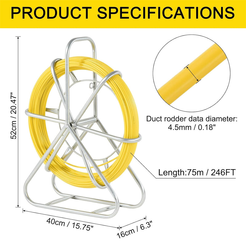 Duct Rodder Fish Tape 4.5MM 75M/246FT Fiberglass Wire Puller Wire Cable Running Rod