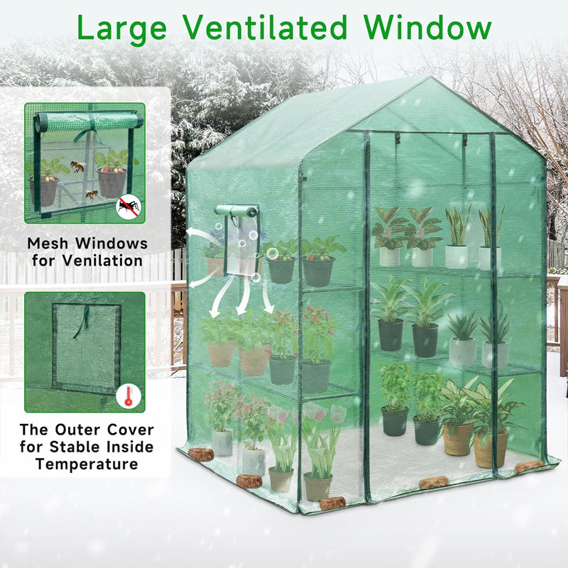 4.5x4.5x6.5ft Walk-in Greenhouse PE Cover with Shelves Steel Frame for Planting and Storage